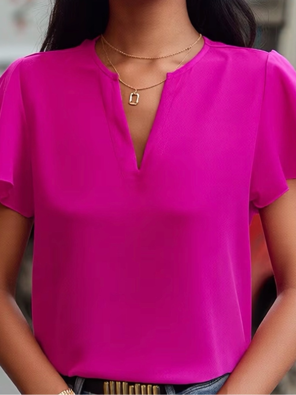 Women's Fuchsia Split-Neck Blouse and 4 other colors.